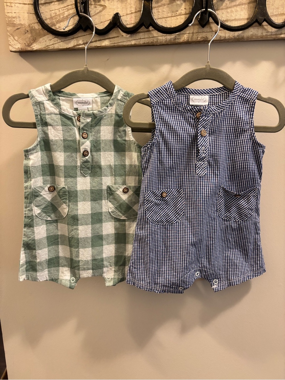 2 Mud Pie Sleeveless Check Romper Duo in Green & Blue